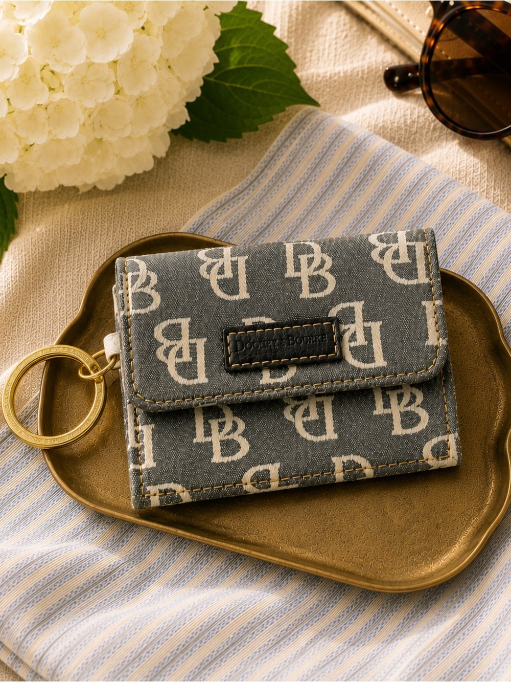 Vintage Dooney & Bourke Signature Denim Monogram ID Wallet | Blue Gingham Lining
